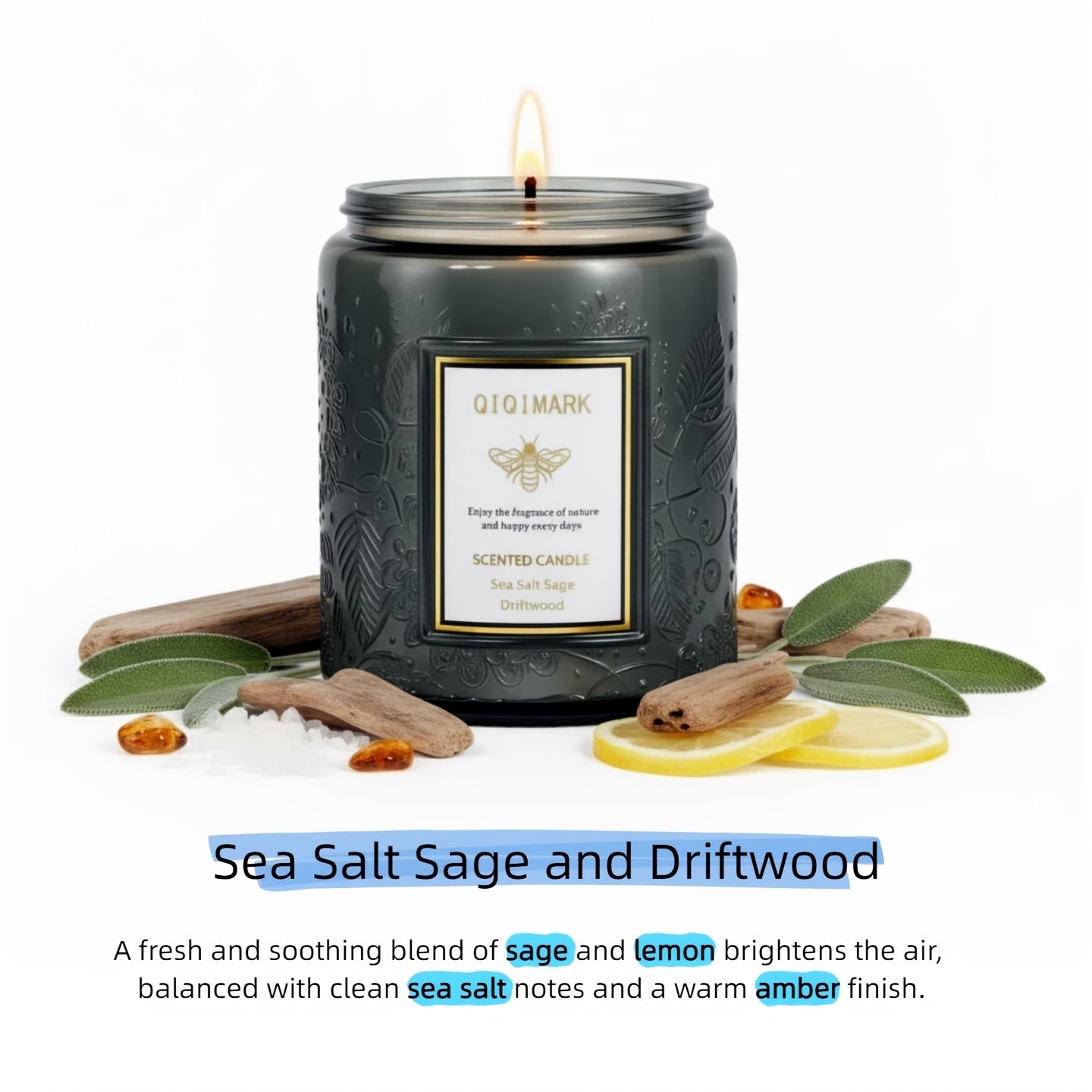 Single-Wick Relief Glass Jar Candle with Seven Scent Labels, Crystal-Style Detail and Boxed Presentation