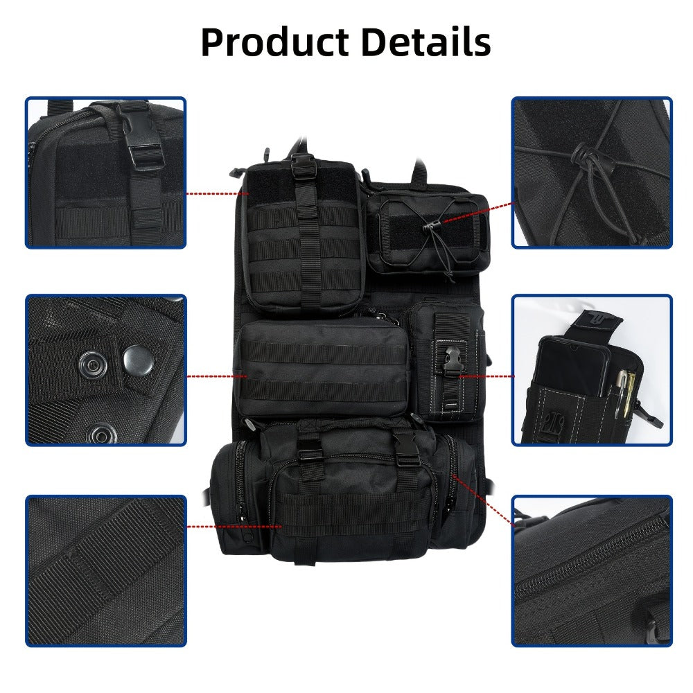 Tactical Car Seat Organizer – MOLLE Nylon Seat Back Storage Bag with 5 Pockets, Front & Rear Seat Protector for Jeep, Truck, SUV | Car Interior Accessories for Men & Women