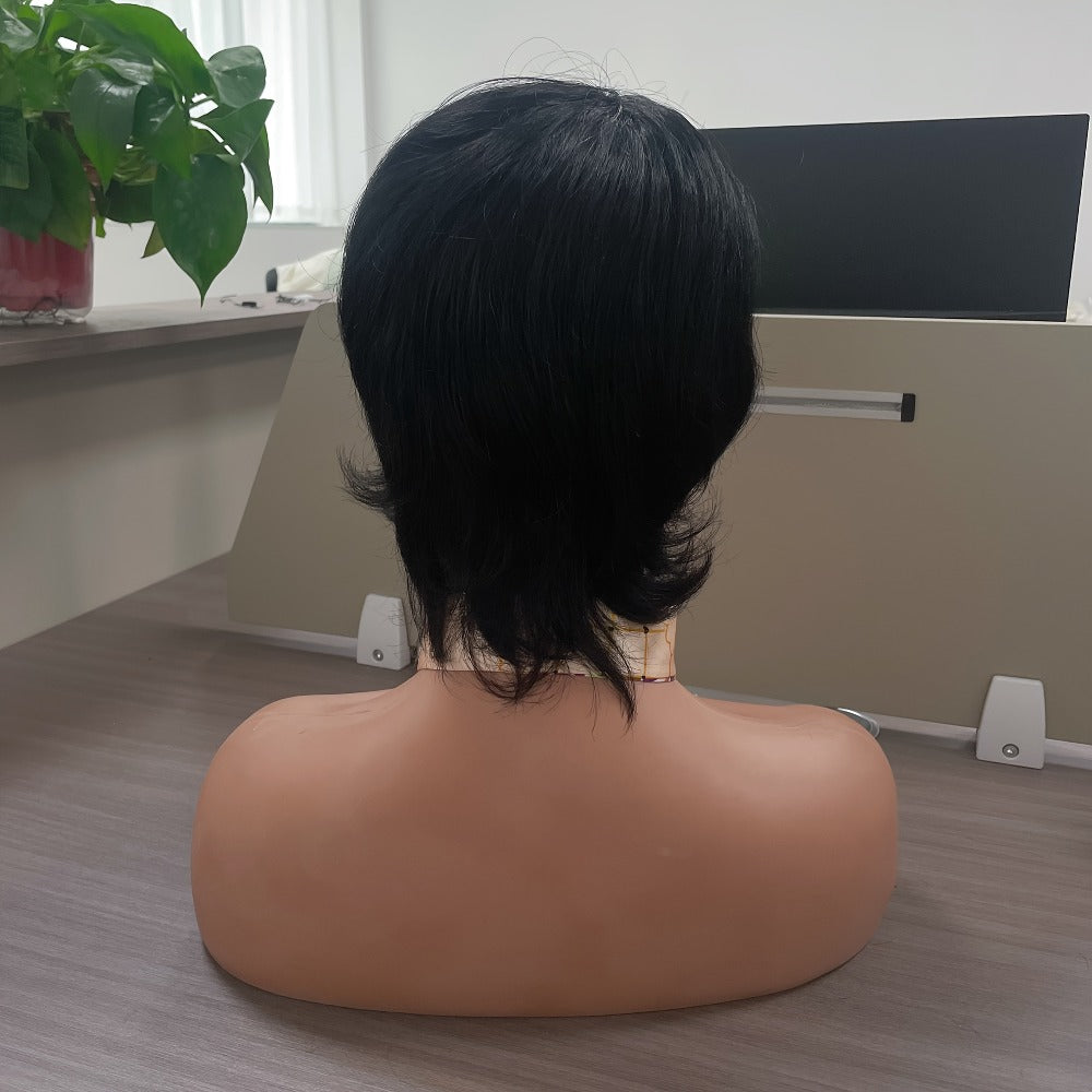Wig Short Curly Wavy Pixie Bob in Natural Black, 6-Inch Human Hair with Bangs and Rose Net Cap