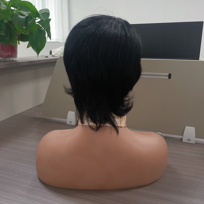 Wig Short Curly Wavy Pixie Bob in Natural Black, 6-Inch Human Hair with Bangs and Rose Net Cap