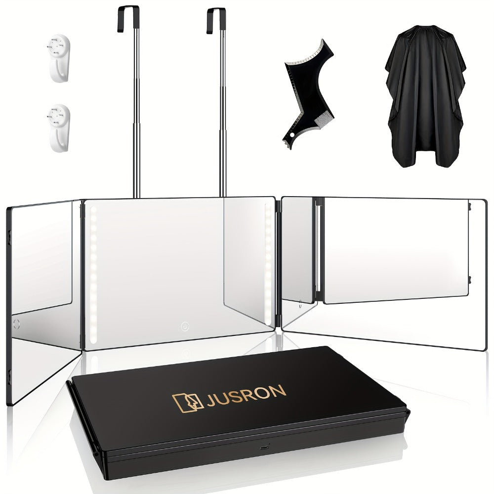 Three-Way Hair Cutting Mirror with Folding Panels, Adjustable Door Hooks and LED, Non-LED or Two-Pack Options