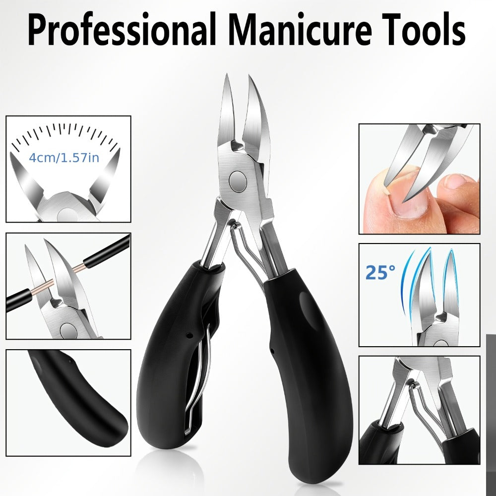 Heavy Duty Toenail Clipper Set 7pcs for Seniors Angled Curved Stainless Steel Blades Splash Guard Long Handle Nail File Pedicure Tool Kit Thick Nails