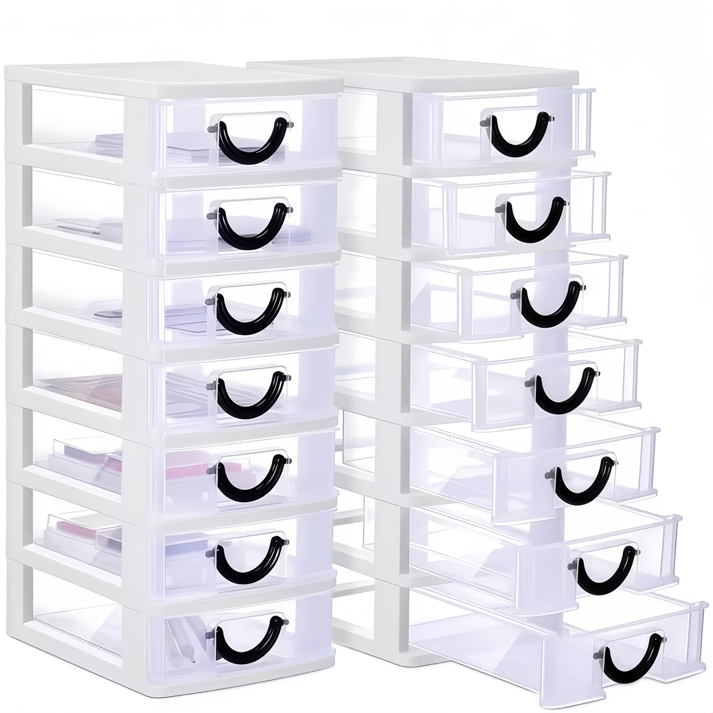 Seven-Drawer Desktop Organizer in Black or White, One- or Two-Piece Set with Clear Front Drawers