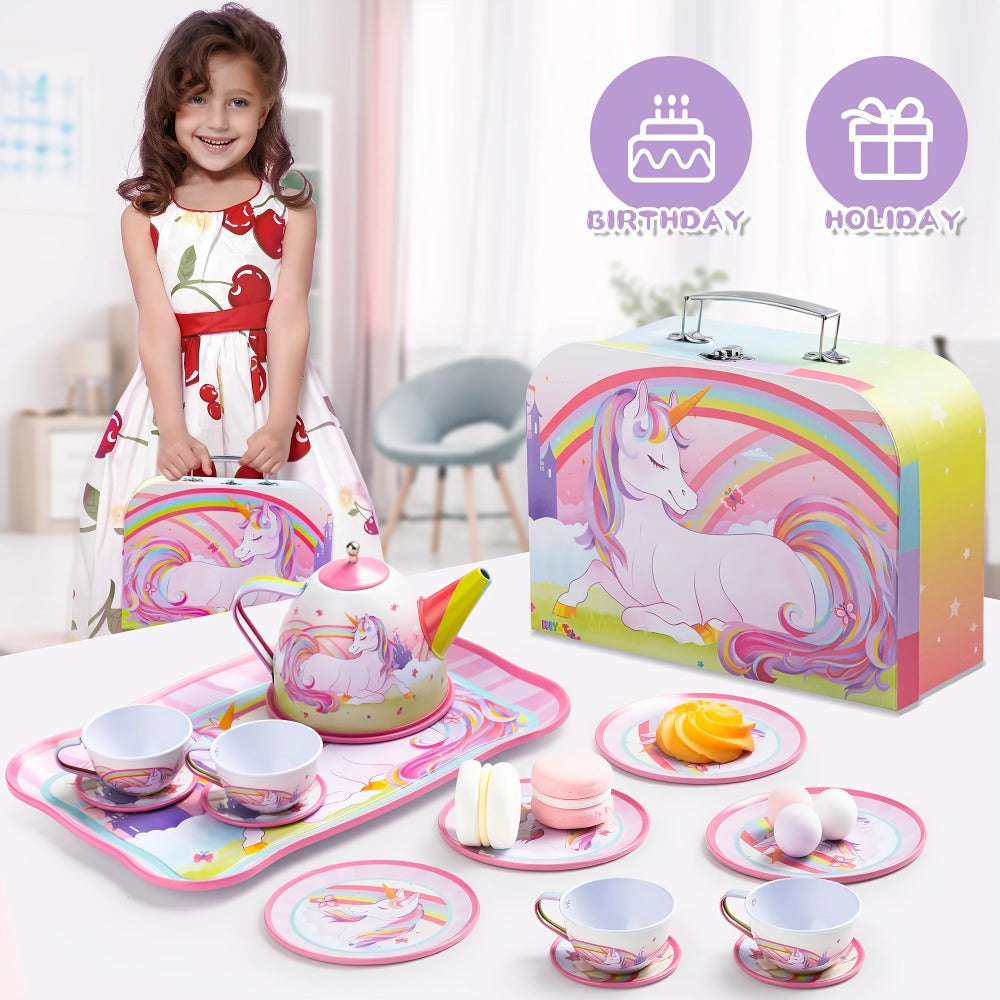 Pink Unicorn Tin Tea Set in Carry Case with Teapot, Four Cups, Four Saucers and Five Plates