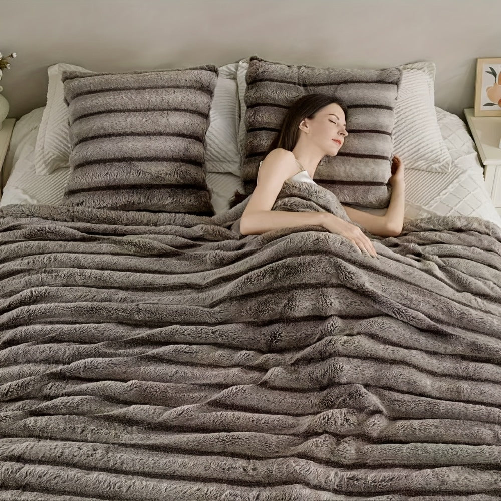 Double-Layer Faux Rabbit Fleece Blanket in Grey, Khaki or Beige with Five Sizes from Small Throw to King