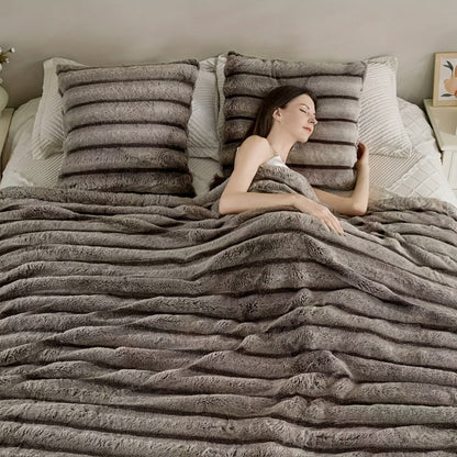 Double-Layer Faux Rabbit Fleece Blanket in Grey, Khaki or Beige with Five Sizes from Small Throw to King