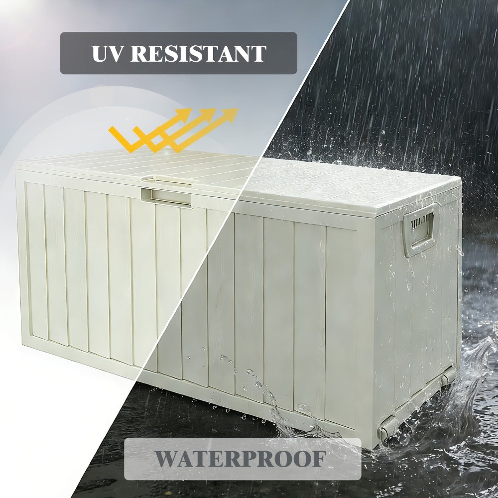 75-Gallon Outdoor Storage Box with Hinged Lid, Side Grips, Small Wheels and Three Color Options