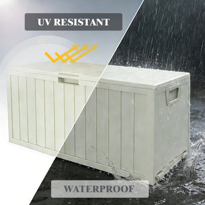 75-Gallon Outdoor Storage Box with Hinged Lid, Side Grips, Small Wheels and Three Color Options