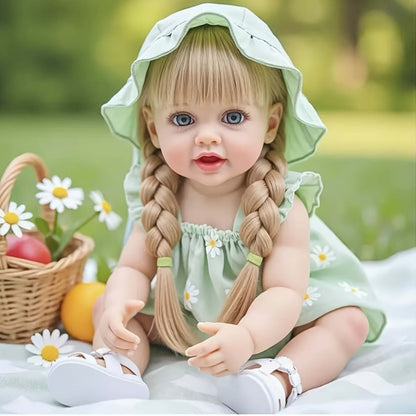 Reborn Baby Doll 22-Inch Full Vinyl Design with Long Blonde Hair, Open Eyes, Green Outfit and Accessories
