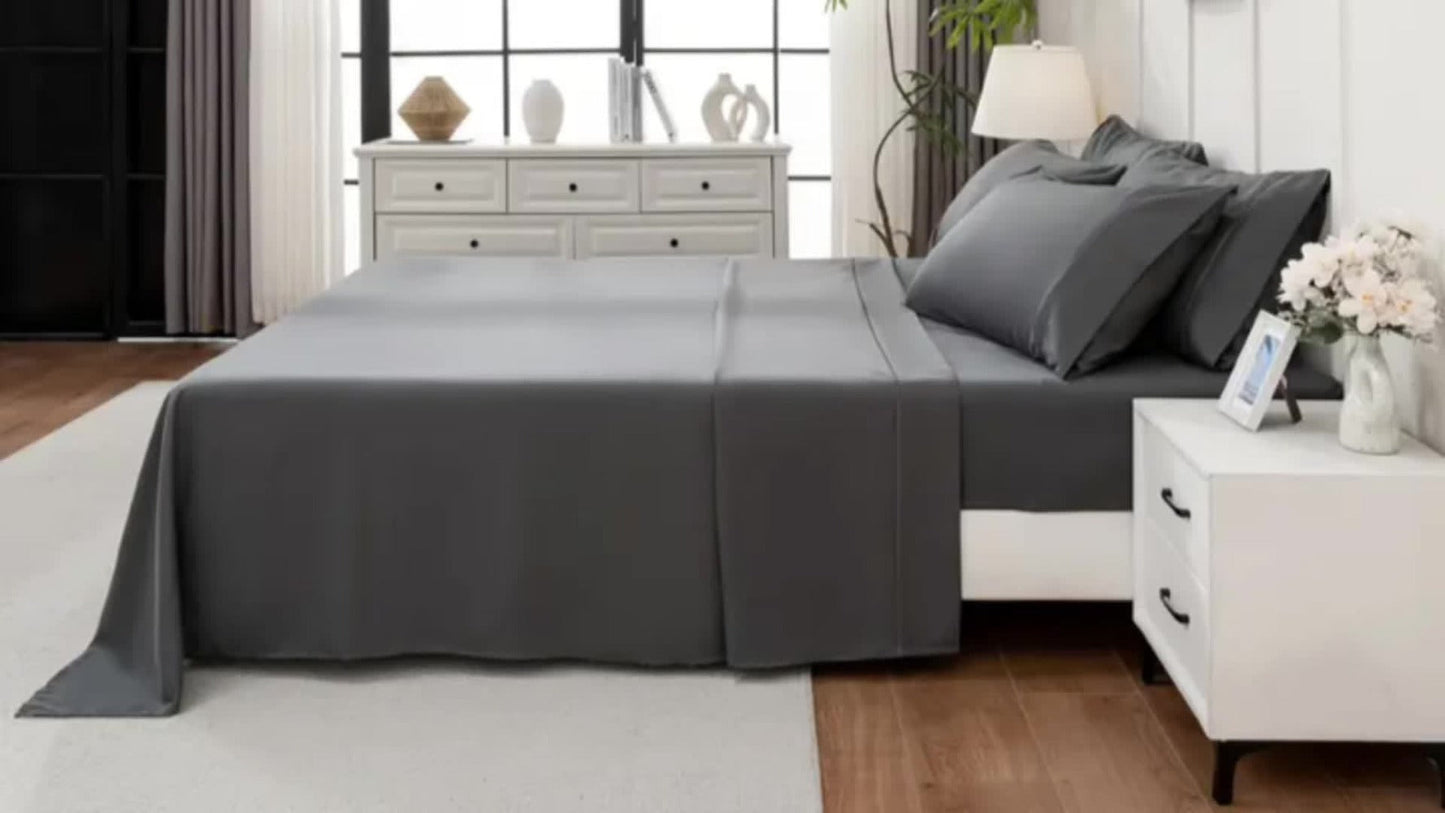 Bed Sheet Set 6-Piece Bamboo Fabric with 40–44 cm Pocket, Double-Stitched Edges and Seven Colors