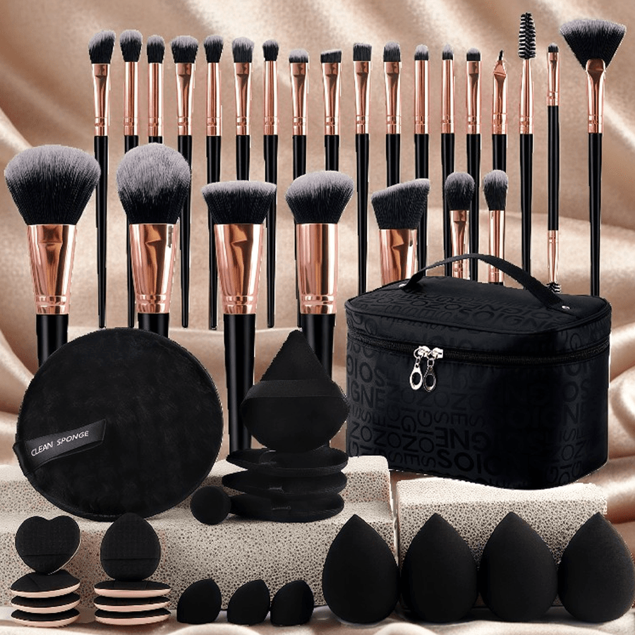 Makeup Brush Set, 23-, 44- or 47-Piece Nylon Bristle Kit with Blending Sponges and Leopard, Beige or Black Bag