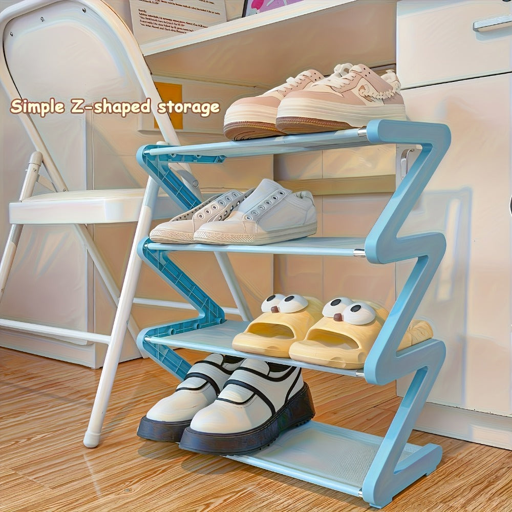 Four-Tier Z-Frame Shoe Rack with Metal Tubes in Graphite Black, Dawn Pink, Gray or Breeze Blue