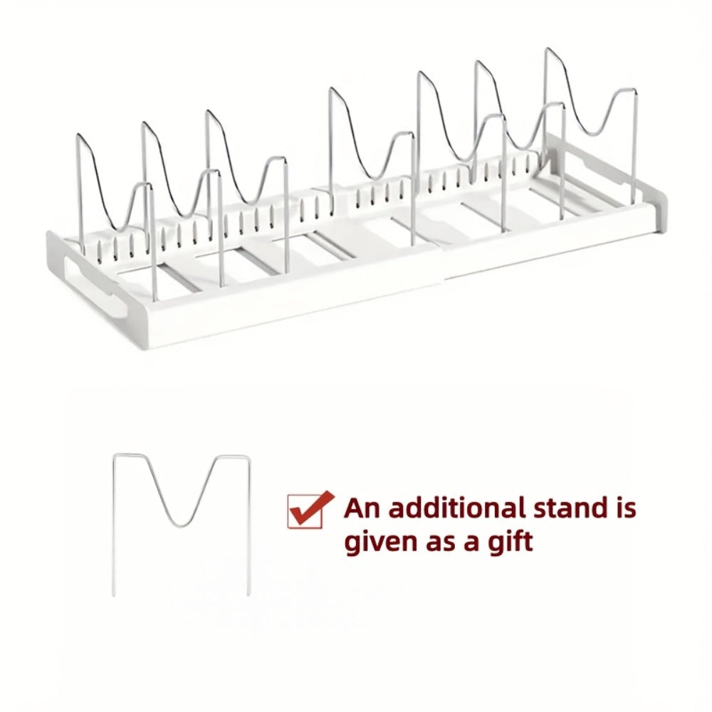Pots and Pans Organizer Rack Adjustable Expandable - Metal Bakeware Organizer with Dividers, Pot Lid Holder for Under Cabinet & Kitchen Cabinet Storage, Holds Pots, Pans, Lids & Bakeware, White