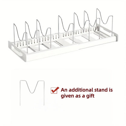 Pots and Pans Organizer Rack Adjustable Expandable - Metal Bakeware Organizer with Dividers, Pot Lid Holder for Under Cabinet & Kitchen Cabinet Storage, Holds Pots, Pans, Lids & Bakeware, White