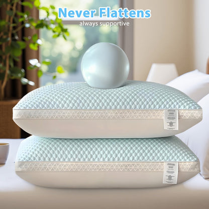 Cooling Bed Pillows 2-Pack, Non-Collapsing Soft Support Pillow with Neck & Cervical Support, Breathable & Machine Washable, Queen Size Bed Pillows for Back Side Stomach Sleepers