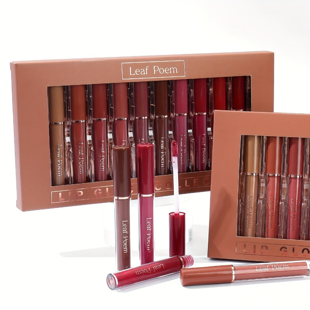 Lip Gloss Set by Leaf Poem with 12 Mixed Lip Colors, Slim Tube Applicators and Presentation Box