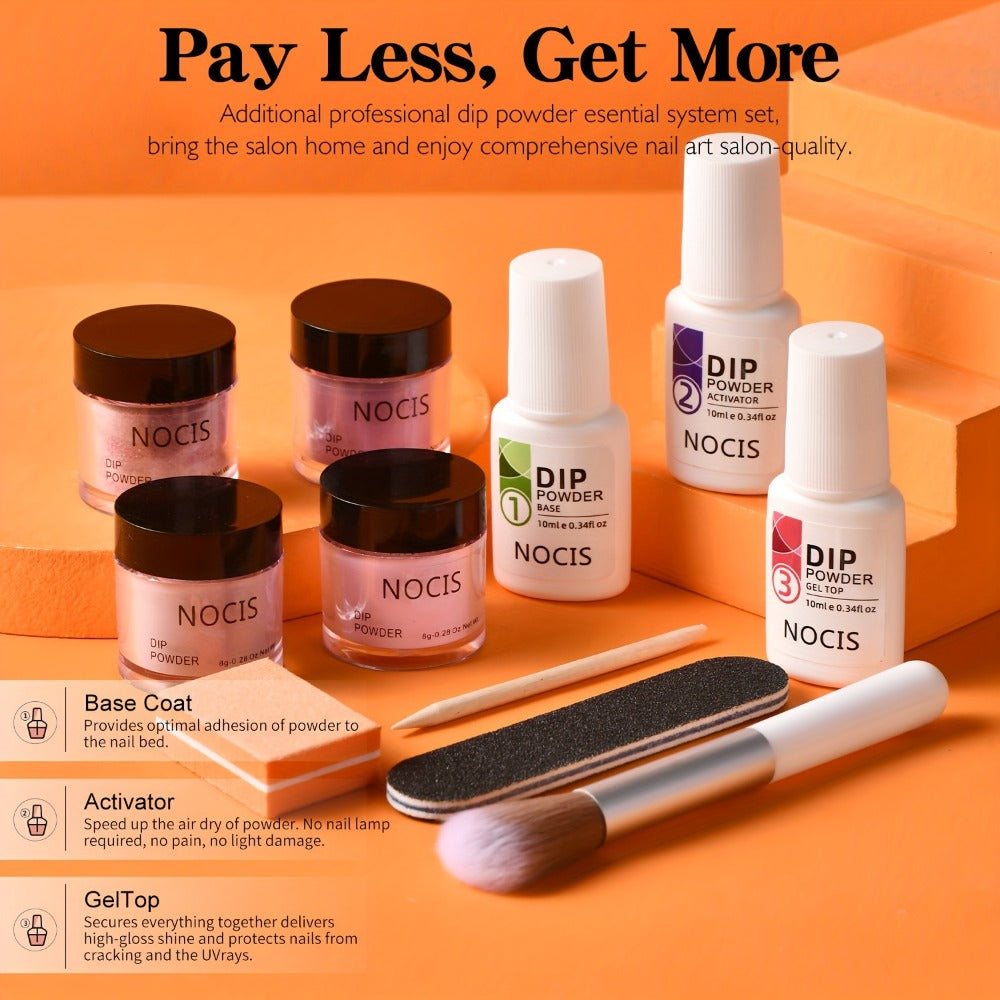 Nude Pink Glitter Dip Powder Kit 4 Colors with Base Coat Top Coat & Activator — All-in-One Beginner Starter Set for French Nail Art Salon & Home Manicure