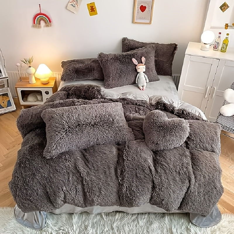 Plush Faux Fur Duvet Cover Set with Heart Pillow, Corner Ties and Twin, Queen or King Sizes in Eight Colors