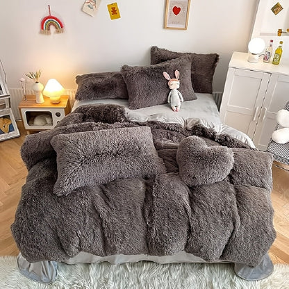 Plush Faux Fur Duvet Cover Set with Heart Pillow, Corner Ties and Twin, Queen or King Sizes in Eight Colors