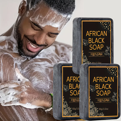 African Black Bar Soap in Three- or Six-Bar Packs with 100g Labels and Coconut, Olive and Shea Ingredients