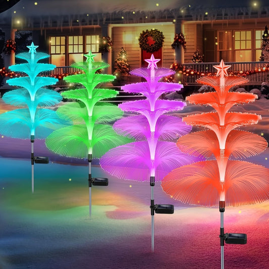 Solar Garden Light Fiber Optic Christmas Tree Stakes with 7-Color LEDs and 2 or 5-Layer Star Options