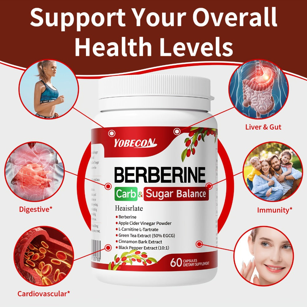 Dietary Supplement Berberine Capsules with Apple Cider Vinegar, Cinnamon and Green Tea, 60 Count