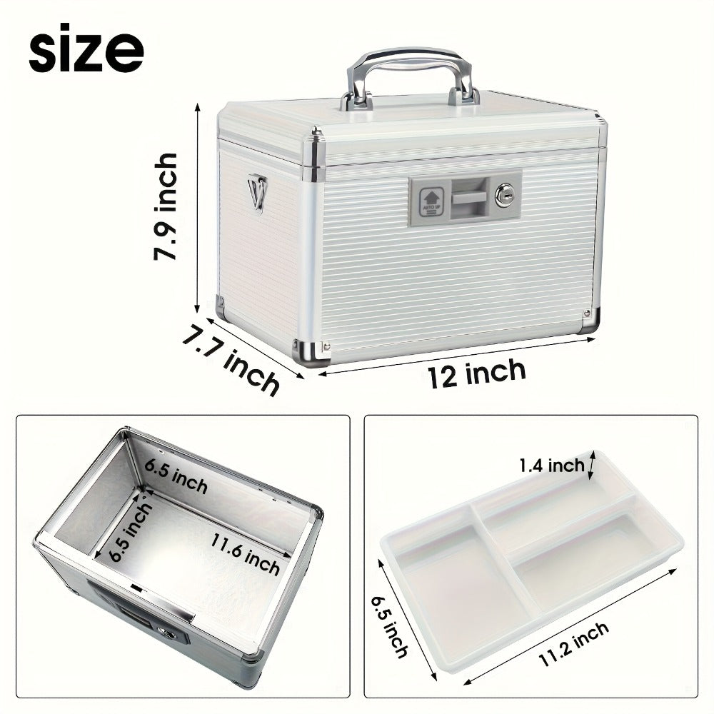 Aluminum Alloy Lockable Medicine Box – Double Layer Large Capacity Storage Box with Key Lock, Handle & Tray for Medicines, Documents & Valuables, 10"/12"/14"/16" Home Security Box