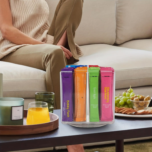 Rotating Drink Packet Kitchen Organizer, 4.5-Inch Square Acrylic Turntable with Divided Compartments