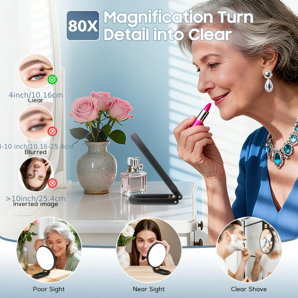 Black Handheld Magnifying Mirror with 360-Degree Adjustable Handle and Compact Travel Format, 80X Checkout Label