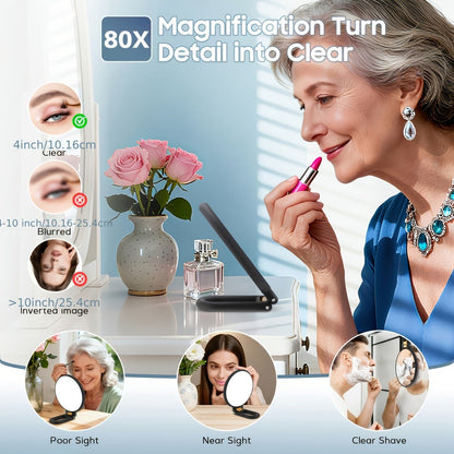 Black Handheld Magnifying Mirror with 360-Degree Adjustable Handle and Compact Travel Format, 80X Checkout Label