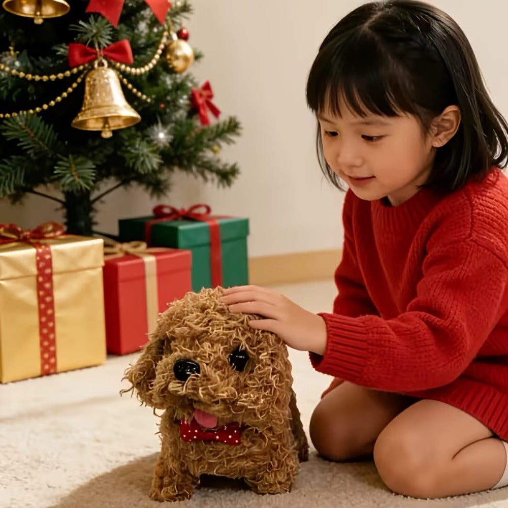 Brown Electronic Plush Puppy Toy with Walking, Barking and Tail-Motion Icons in a Single Boxed Option