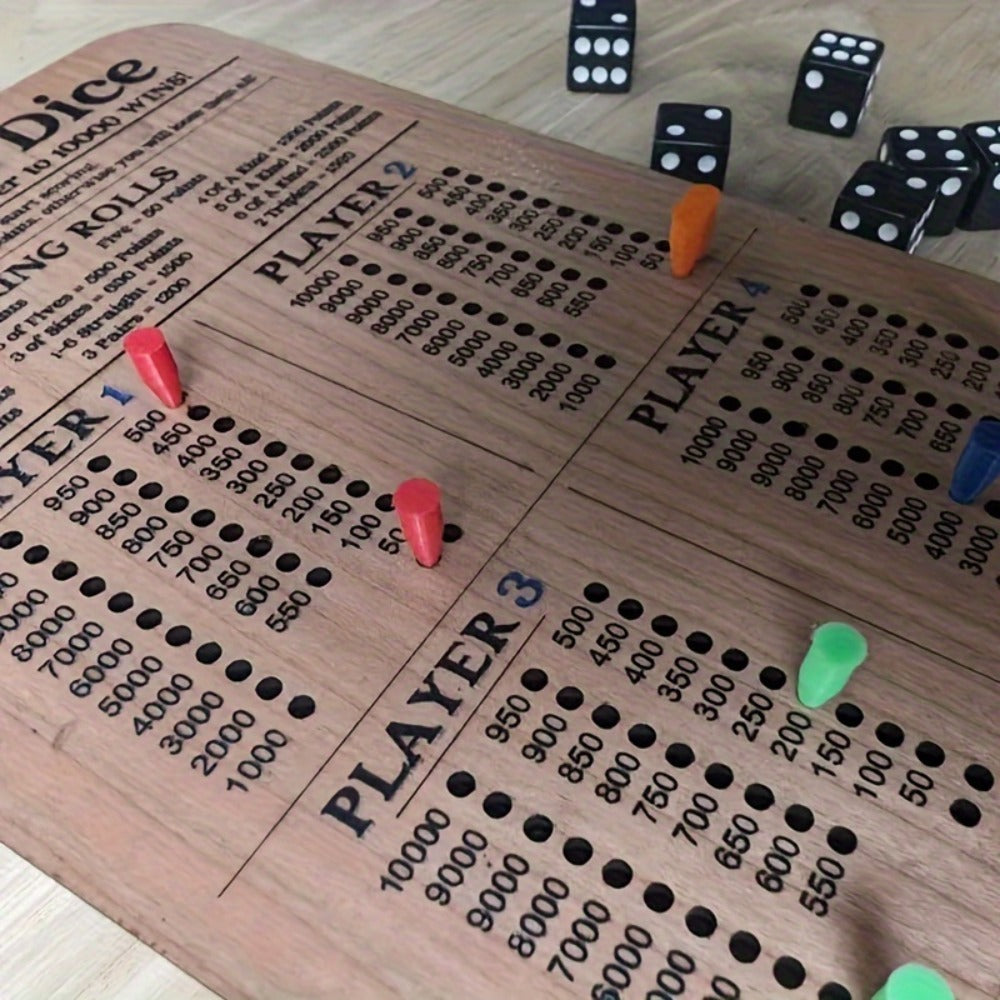 Two-Piece Wooden Dice Scoreboard Set with Six Dice, Twelve Pegs and Printed Four-Player Rules