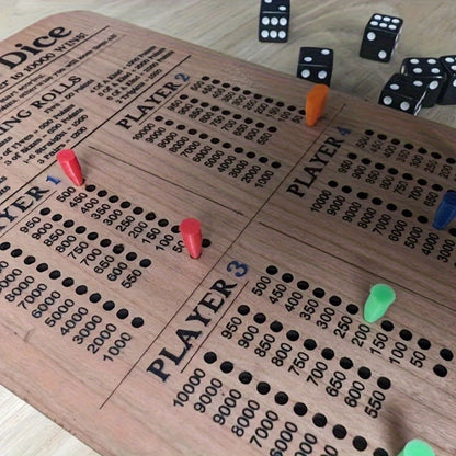 Two-Piece Wooden Dice Scoreboard Set with Six Dice, Twelve Pegs and Printed Four-Player Rules