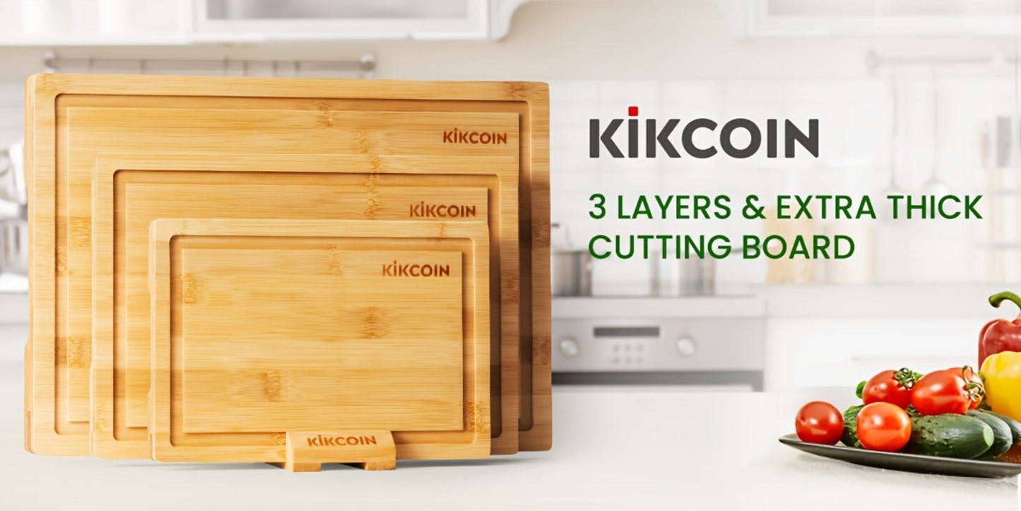 Four-Piece Bamboo Cutting Board Set with Graduated Sizes, Juice Grooves and Storage Rack Included