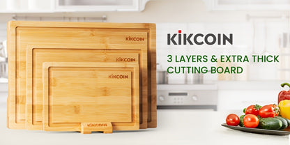 Four-Piece Bamboo Cutting Board Set with Graduated Sizes, Juice Grooves and Storage Rack Included