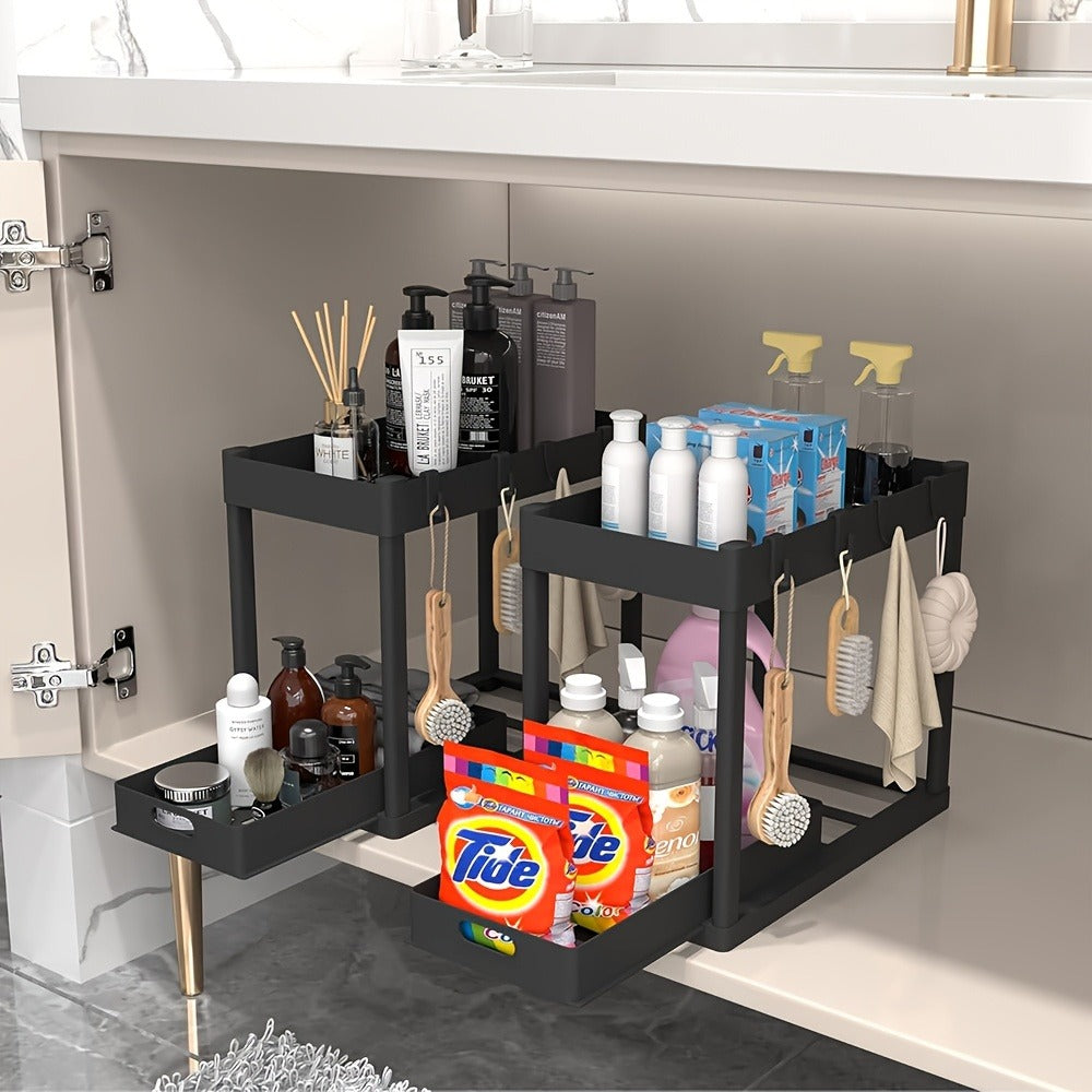 Under Sink Storage Organizer Set of 2 with Dual-Tier Sliding Baskets and 8 Hooks in Three Colors