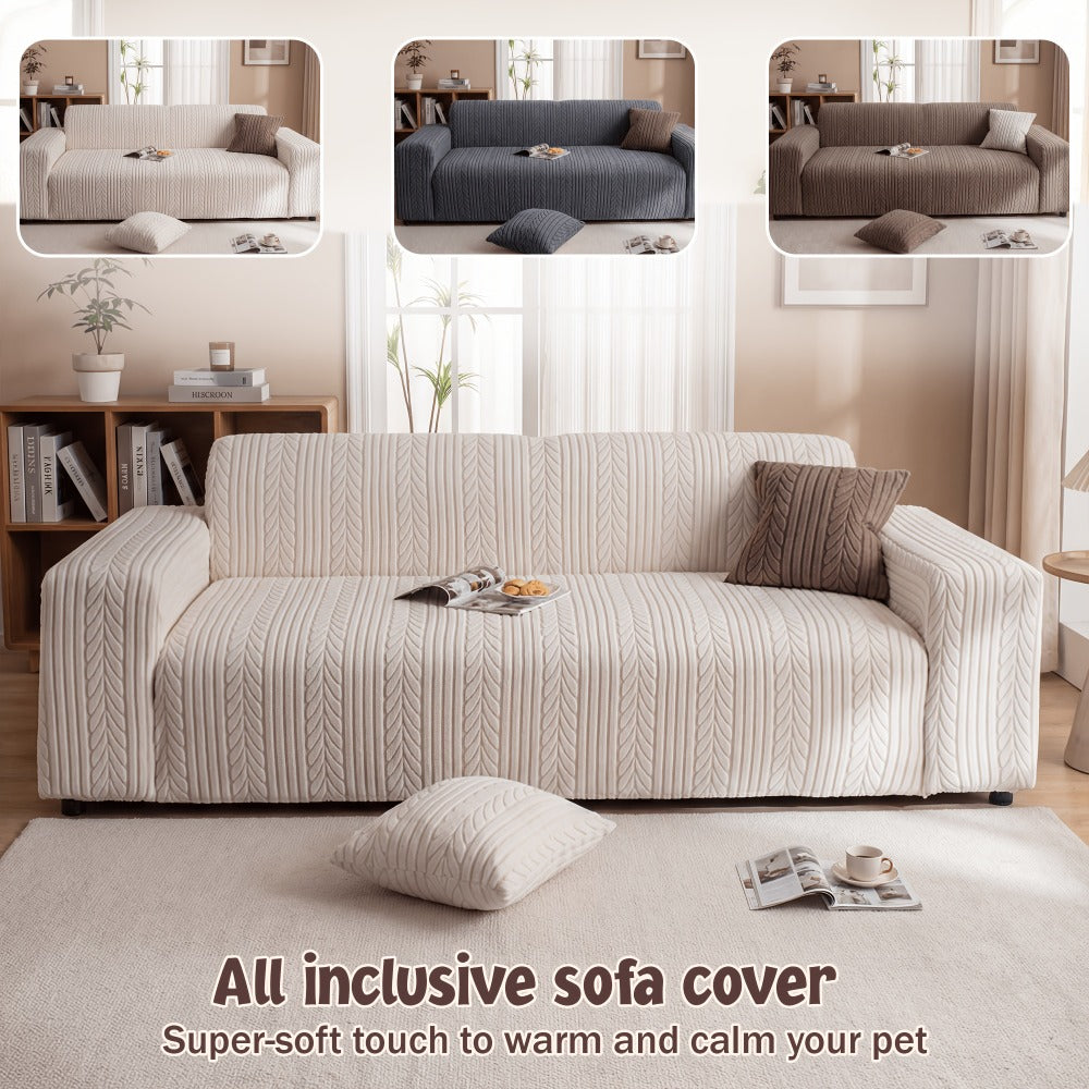 Sofa Cover Elastic Velvet Leaf Jacquard Full-Cover Slipcover with Pillowcase for 1 to 4-Seater Sofas