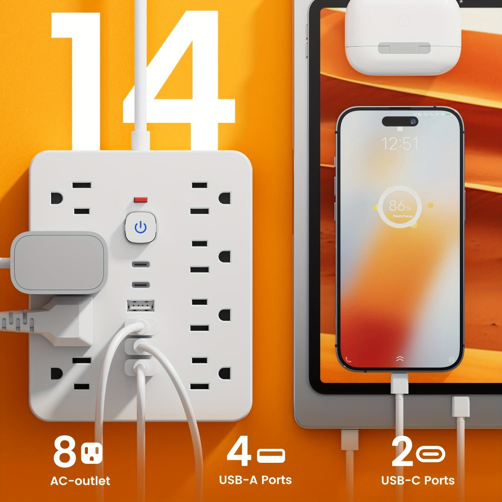 Power Strip 14-in-1 Wall-Mount Model with 8 AC Outlets, 4 USB-A, 2 USB-C and 5- or 10-Foot Flat-Plug Cord