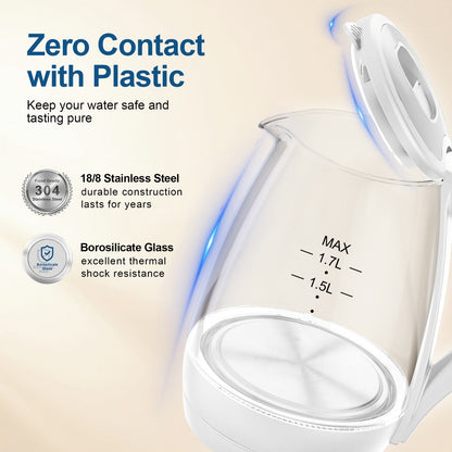 Glass Electric Kettle 1200W Borosilicate with Blue LED Glow - 57.48oz 1.7L Fast Boil BPA-Free Auto Shut-Off Boil-Dry Protection, Transparent Electric Tea Kettle for Home Office RV Camping Kitchen Gift