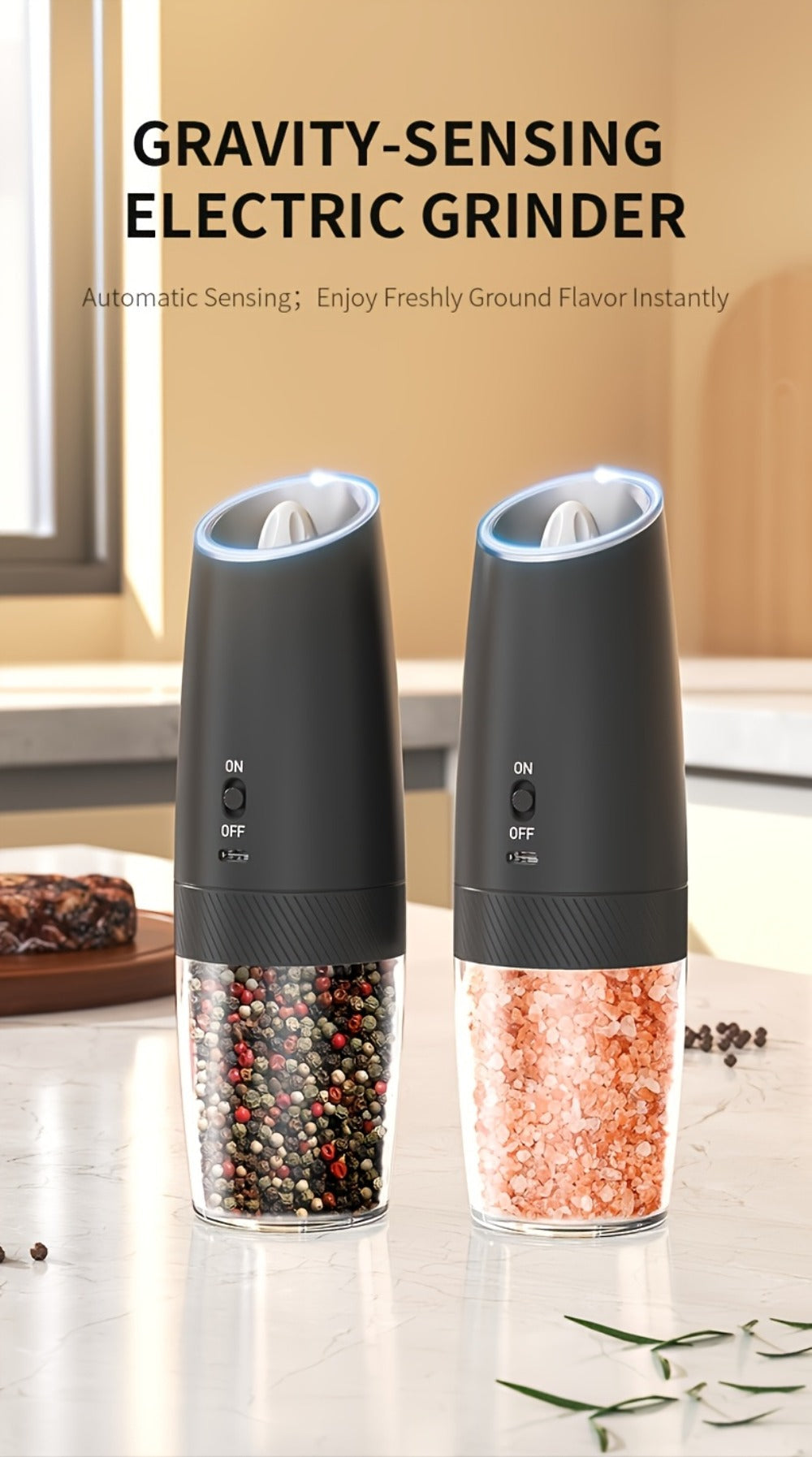 Gravity-Activated Electric Spice Grinder with LED Ring, Adjustable Grind and USB-C or Two-Piece Options