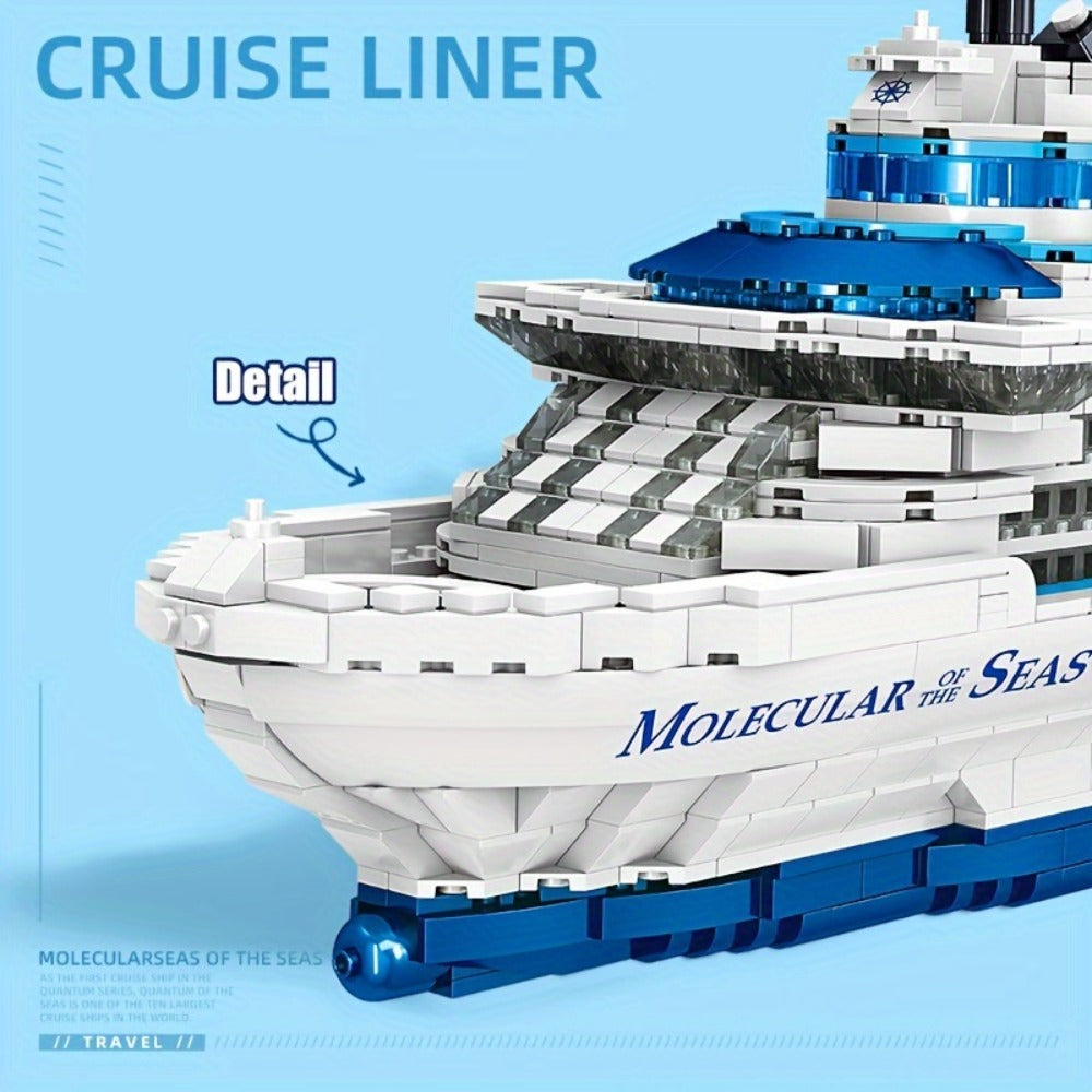 Cruise Ship Building Block Model with 2,428 Pieces, Display Stand, Support Frame and Detailed Deck Features