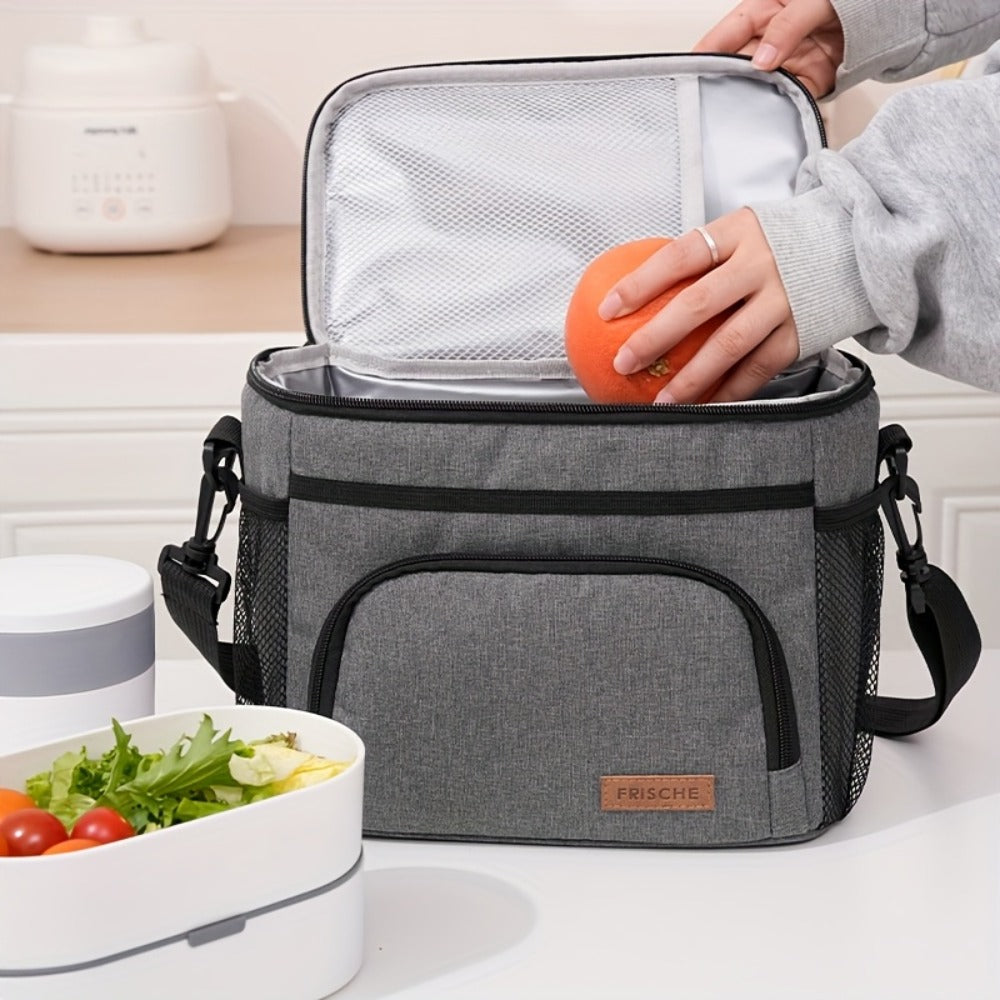 Insulated Lunch Bag with Adjustable Shoulder Strap, Dual Zippers and Black, Grey or Blue Color Options