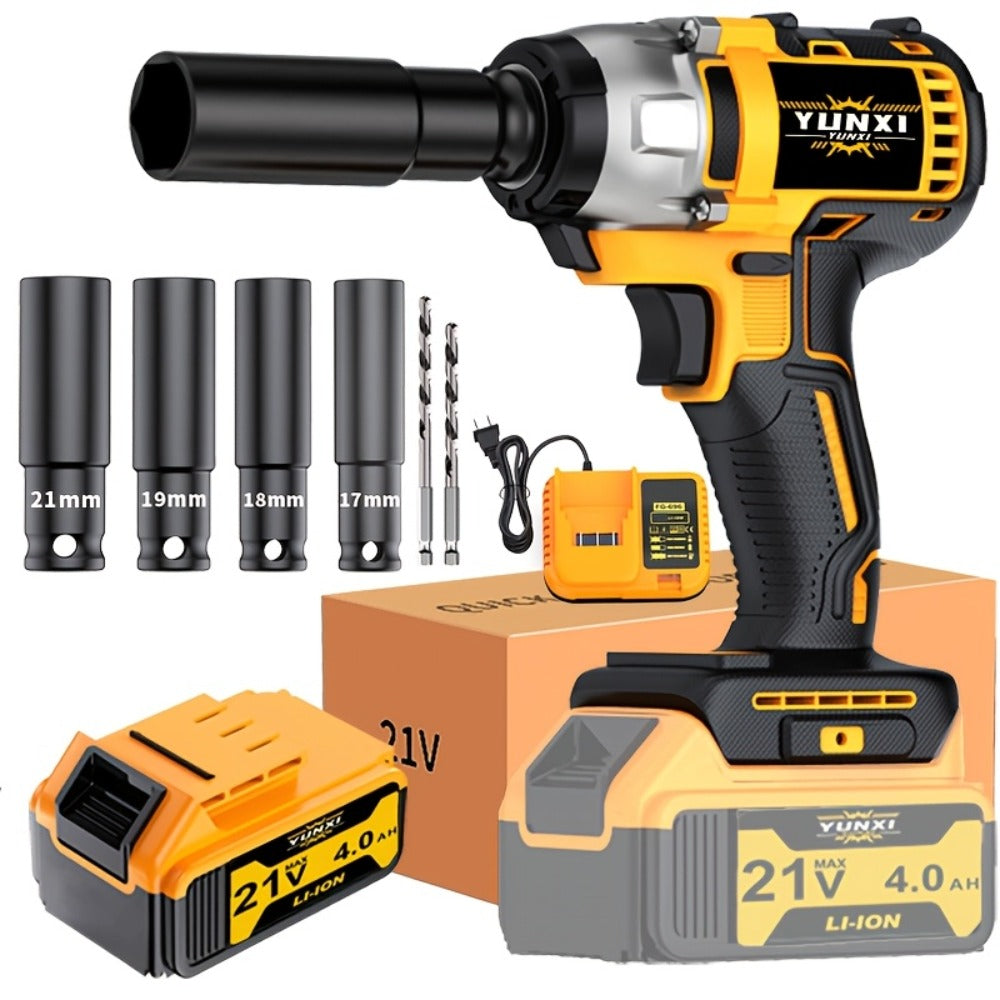 Power Tools YUNXI 21V Brushless Cordless Impact Wrench Kit with 4000mAh Battery and Configurable Accessories