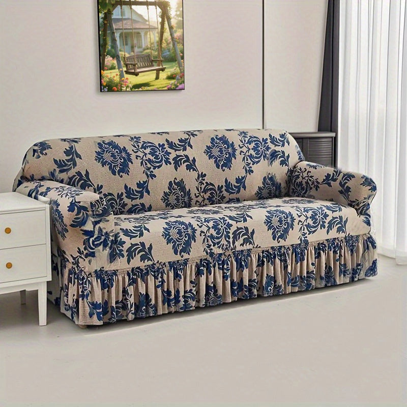 Sofa Slipcover, Dark Blue Stretch Cover with Ruffle Skirt, Fixed Rod and One-to-Four-Seat Options