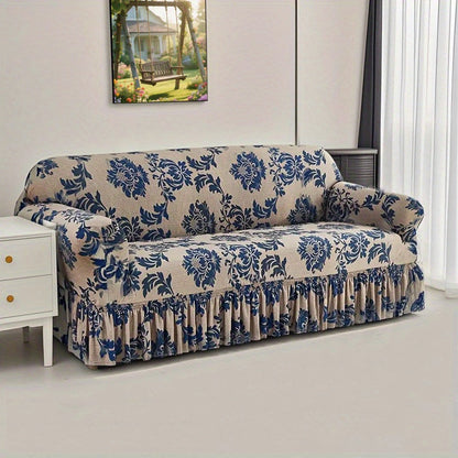 Sofa Slipcover, Dark Blue Stretch Cover with Ruffle Skirt, Fixed Rod and One-to-Four-Seat Options