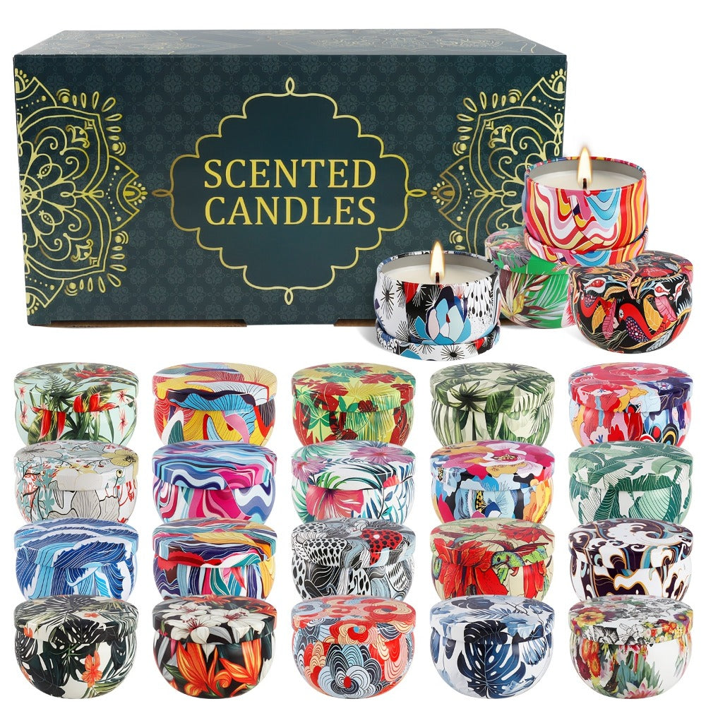 24-Piece Rain-Scent Candle Set with Lidded 2.5oz Decorative Metal Travel Tins and Fragrance Labels
