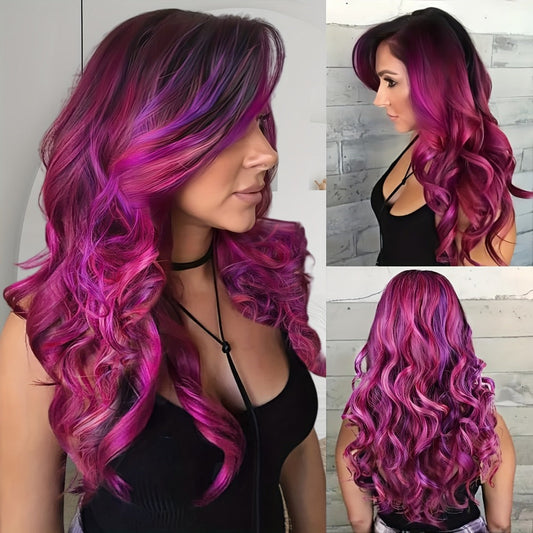 Synthetic Wig 26-Inch Ombre Rose-Red to Dark-Purple Body Waves with Bangs and Side Part for Cosplay