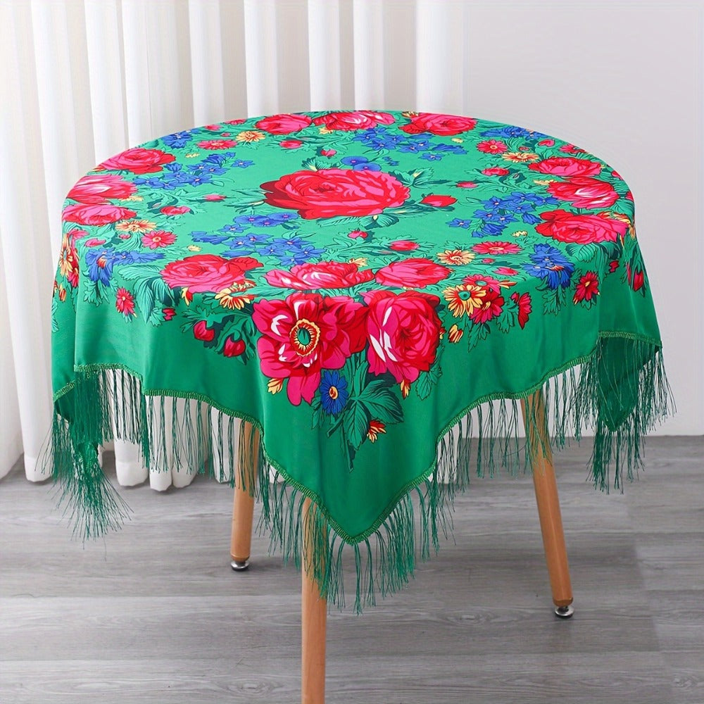 Tablecloth Square 53-Inch Floral Cover with Tassel Trim, Polyester Fabric and Six Color Options