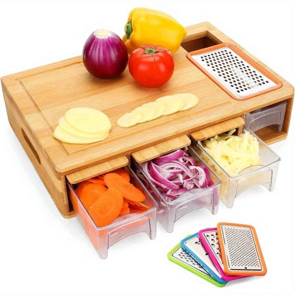 Bamboo Cutting Board Prep Station with Slide-Through Opening, Drawer Positions and Two-Tray Package Option