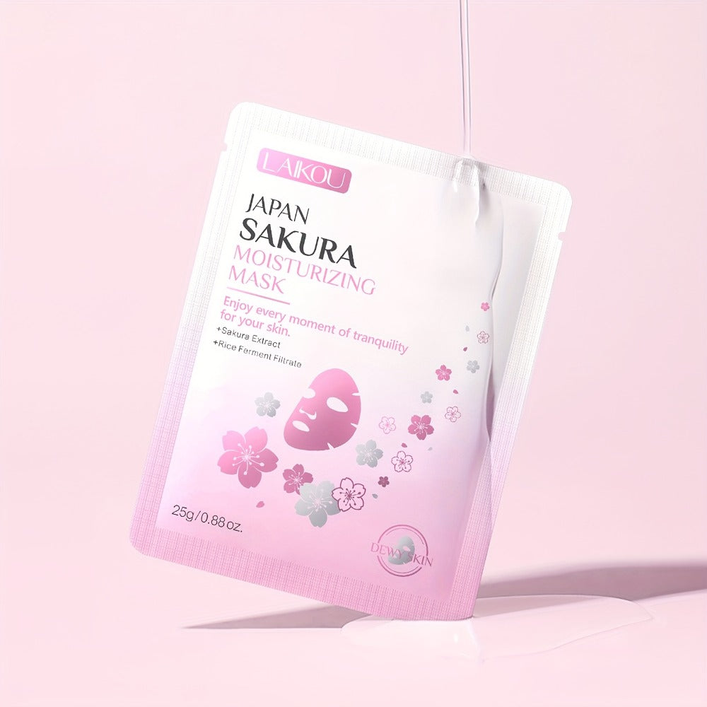 LAIKOU Sakura Sheet Mask 20-Pack with 25g Pouches, Sakura Extract and Rice Ferment Filtrate Labels